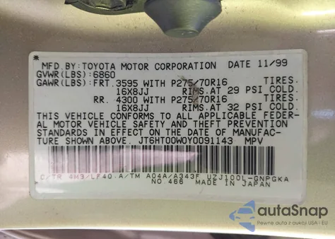 2000 Lexus Lx 470 from USA, damaged, VIN JT6HT00W0Y0091143